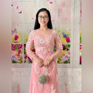 Ao dai ren lace 3D, Vietnamese traditional long dress set m 2 pink 🎁 new year